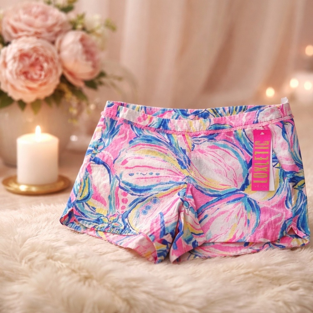 Lilly Pulitzer Luxletic 10 Pink Floral UPF 50+ Fringe Cotton Aila Shorts NWT
